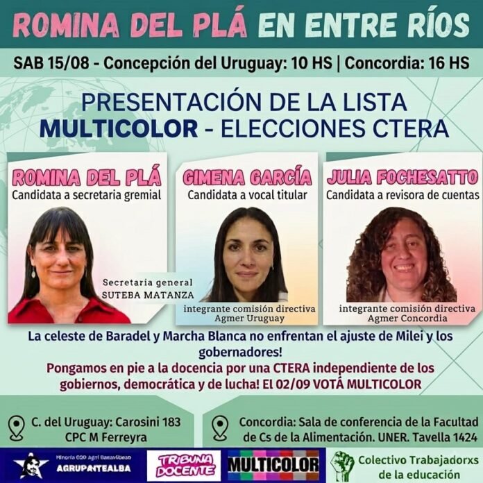 Afiche oficial: presentación de la Lista Multicolor en Entre Ríos, con foto y cargo de Romina Del Plá (Secretaria Gremial), Gimena García (Vocal Titular) y Julia Fochesatto (Revisora de Cuentas)