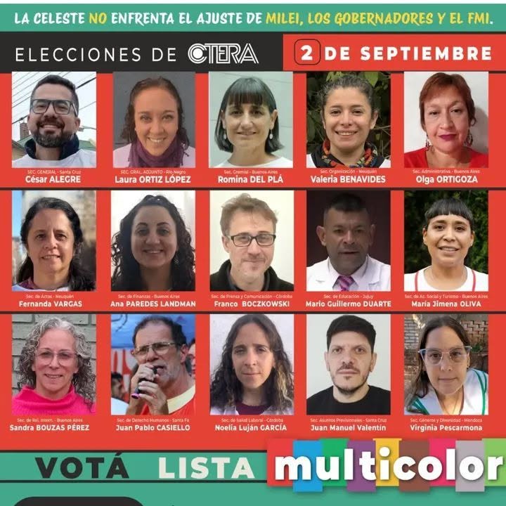 Afiche de la Lista Multicolor: los 15 candidatos y candidatas a la Junta Ejecutiva de CTERA, elecciones del 2 de septiembre